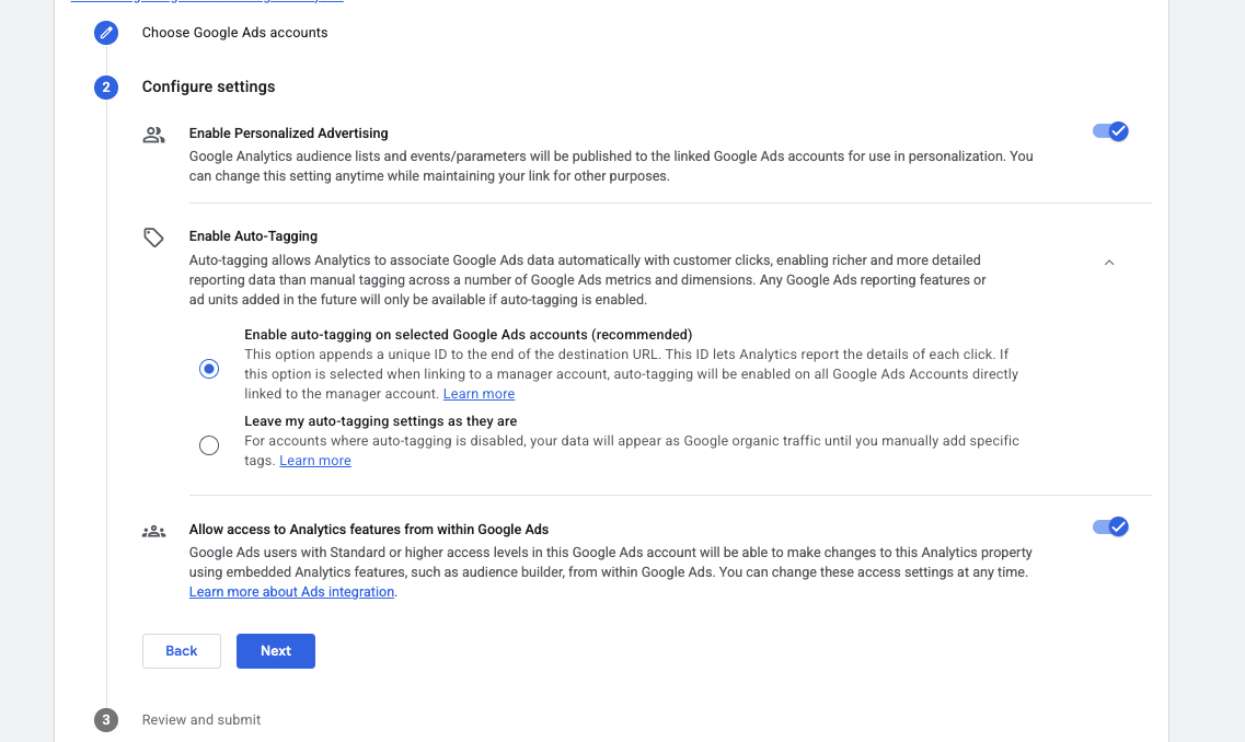 GA4 to Google Ads link settings with Enable Personalized Advertising turned on