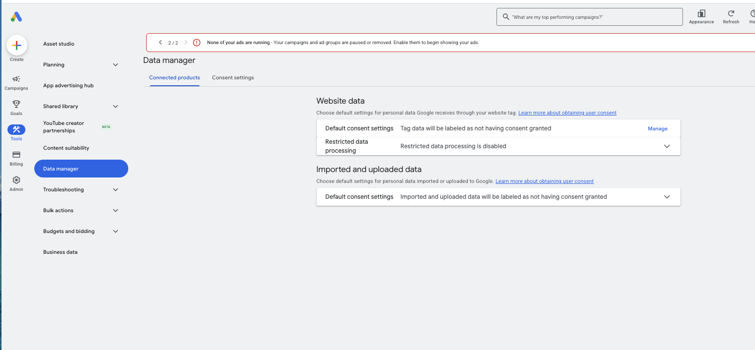 Google Ads Data manager showing website tag data labeled as not having consent granted