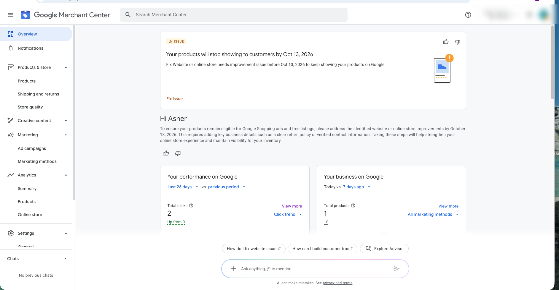 Google Merchant Center overview warning that products will stop showing until a website issue is fixed