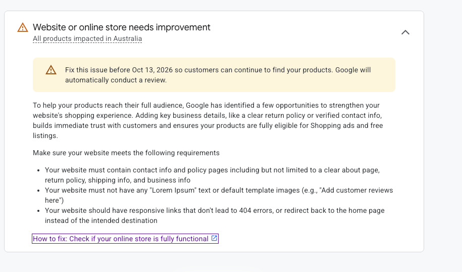 Google Merchant Center "Website or online store needs improvement" warning listing required policy pages, no placeholder text and no broken links