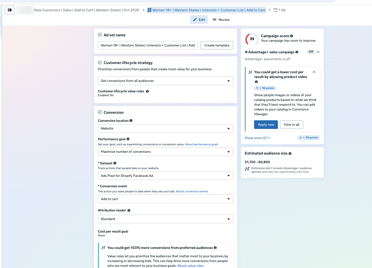 Meta Ads Manager ad set optimizing for the Add to cart conversion event on a small budget